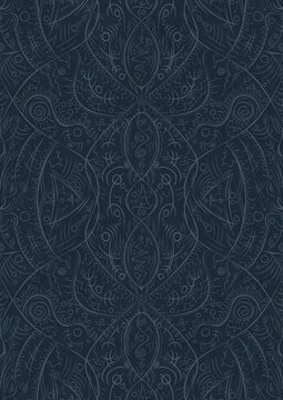 Hand-drawn unique abstract symmetrical seamless ornament. Light blue on a deep blue background. Paper texture. Digital artwork, A4. (pattern: p08-2d)