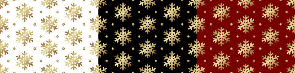 Fototapeta na wymiar Christmas seamless pattern with gold snowflakes for wrapping paper, cover design, postcard, poster, flyers, card. Vector set on red, white and black background. Luxury Christmas winter ornament.