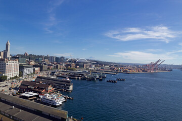 Panoramic view from the interior of the Seattle Great wheel at Pier 57 on Elliott Bay, Seattle, USA.