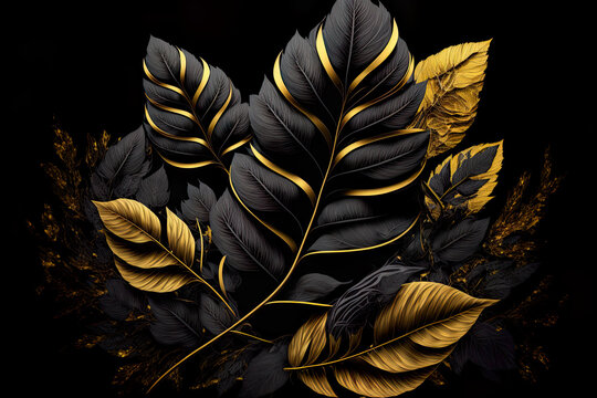 Gold leaves on black background, leaf (feather) on black background, gold black leaf on background. Luxury feeling. Illustration. Generative AI.