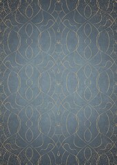 Hand-drawn unique abstract gold ornament on a light blue background, with vignette of darker background color and golden glittery sparks. Paper texture. Digital artwork, A4. (pattern: p08-1e)