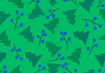 Winter Christmas tree seamless berries branches pattern for wrapping paper and fabrics and linens and kids