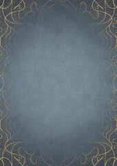 Light blue textured paper with vignette of golden hand-drawn pattern and golden glittery splatter on a darker background color. Copy space. Digital artwork, A4. (pattern: p02-1d)