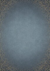 Light blue textured paper with vignette of golden hand-drawn pattern and golden glittery splatter on a darker background color. Copy space. Digital artwork, A4. (pattern: p02-1e)