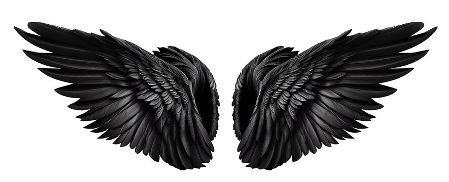 Black angel wing isolated on a transparent background for design
