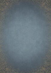 Light blue textured paper with vignette of golden hand-drawn pattern and golden glittery splatter on a darker background color. Copy space. Digital artwork, A4. (pattern: p07-2e)