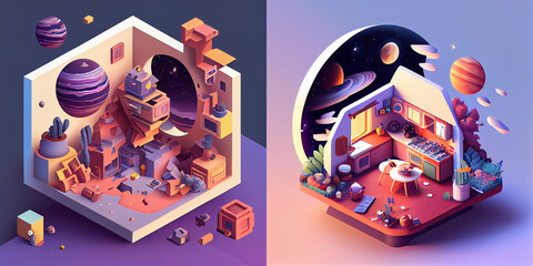 Isometric world, surrealistic illustration, abstract colorful background, modern art style, surreal art, great composition and coloring, character, ai art, collection, box with snowflakes