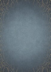 Light blue textured paper with vignette of golden hand-drawn pattern and golden glittery splatter on a darker background color. Copy space. Digital artwork, A4. (pattern: p08-1e)