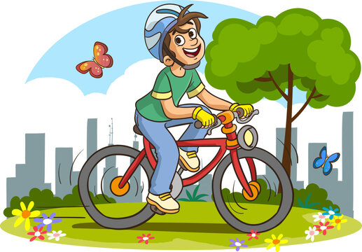 cute boy riding bike to school cartoon vector illustration.