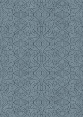 Hand-drawn unique abstract symmetrical seamless ornament. Dark blue on a light blue background. Paper texture. Digital artwork, A4. (pattern: p02-1e)