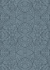 Hand-drawn unique abstract symmetrical seamless ornament. Dark blue on a light blue background. Paper texture. Digital artwork, A4. (pattern: p02-2d)