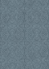 Hand-drawn unique abstract symmetrical seamless ornament. Dark blue on a light blue background. Paper texture. Digital artwork, A4. (pattern: p02-2e)