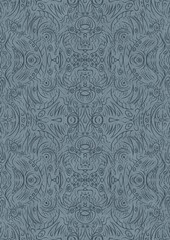 Hand-drawn unique abstract symmetrical seamless ornament. Dark blue on a light blue background. Paper texture. Digital artwork, A4. (pattern: p03d)