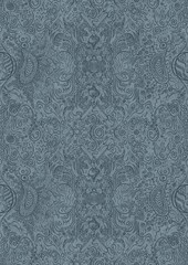 Hand-drawn unique abstract symmetrical seamless ornament. Dark blue on a light blue background. Paper texture. Digital artwork, A4. (pattern: p04d)