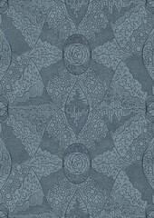 Hand-drawn unique abstract symmetrical seamless ornament. Dark blue on a light blue background. Paper texture. Digital artwork, A4. (pattern: p05d)