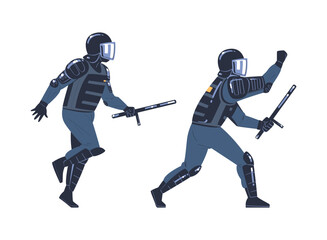 Riot Police Officer and Squad Member in Uniform and Helmet with Baton Fighting Vector Set