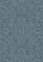 Hand-drawn unique abstract symmetrical seamless ornament. Dark blue on a light blue background. Paper texture. Digital artwork, A4. (pattern: p06d)