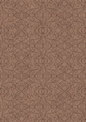Hand-drawn unique abstract symmetrical seamless ornament. Brown on a light brown background. Paper texture. Digital artwork, A4. (pattern: p02-1e)