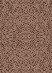Hand-drawn unique abstract symmetrical seamless ornament. Brown on a light brown background. Paper texture. Digital artwork, A4. (pattern: p02-2d)