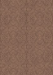 Hand-drawn unique abstract symmetrical seamless ornament. Brown on a light brown background. Paper texture. Digital artwork, A4. (pattern: p02-2e)
