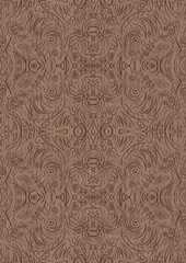 Hand-drawn unique abstract symmetrical seamless ornament. Brown on a light brown background. Paper texture. Digital artwork, A4. (pattern: p03d)