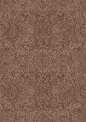 Hand-drawn unique abstract symmetrical seamless ornament. Brown on a light brown background. Paper texture. Digital artwork, A4. (pattern: p04d)