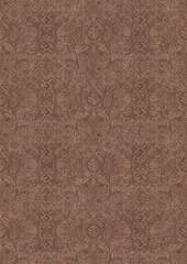 Hand-drawn unique abstract symmetrical seamless ornament. Brown on a light brown background. Paper texture. Digital artwork, A4. (pattern: p04e)