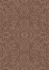 Hand-drawn unique abstract symmetrical seamless ornament. Brown on a light brown background. Paper texture. Digital artwork, A4. (pattern: p06d)