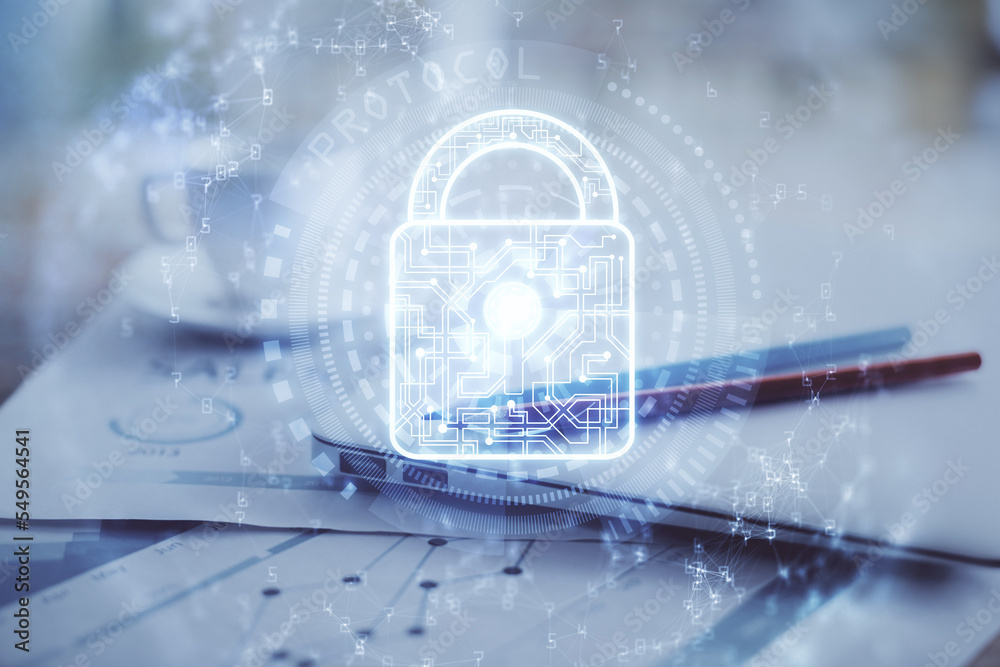 Leinwandbilder double exposure of desktop with computer and lock icon hologram. concept of data safety.