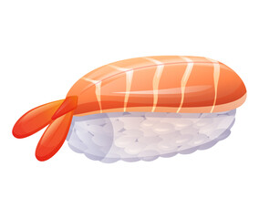 Nigiri sushi with shrimps. Japanese food. Rice with prawn. Colorful vector illustration isolated on white background.
