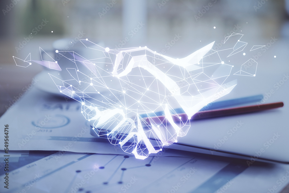Poster desktop computer background in office and handshake hologram drawing. double exposure. pertnership c