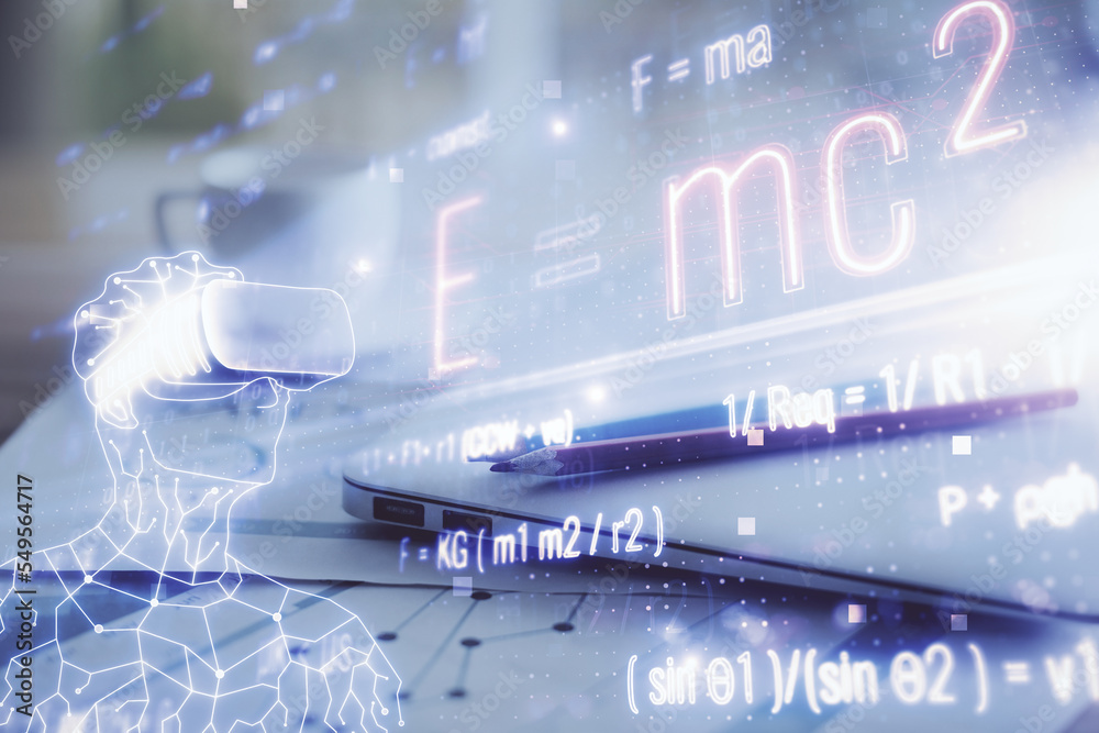 Poster desktop computer background and formula hologram writing. double exposure. education concept.