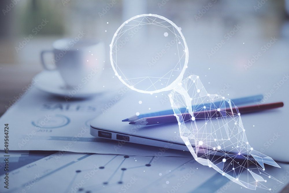 Poster Desktop computer background in office and start up theme hologram drawing. Double exposure. Startup concept.