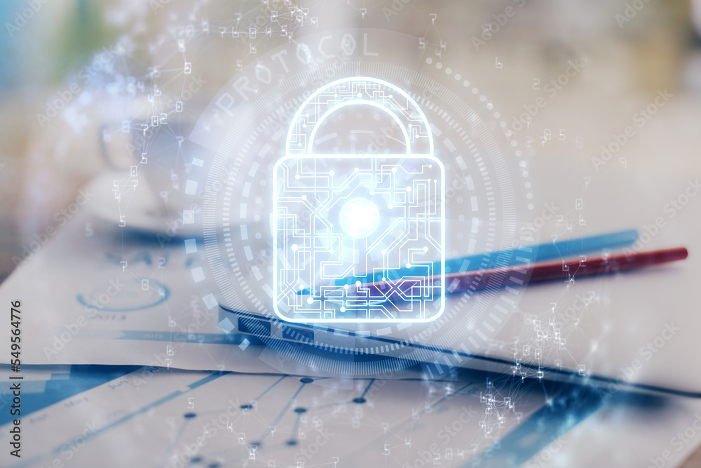 Leinwandbilder double exposure of desktop with computer and lock icon hologram. concept of data safety.