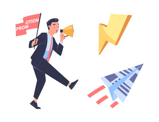 Promotion with Man Character Engaged in Marketing and Advertisement Campaign with Megaphone and Paper Plane Vector Set