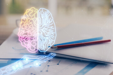 Double exposure of desktop with computer and brain drawing hologram. Artificial intelligence concept.