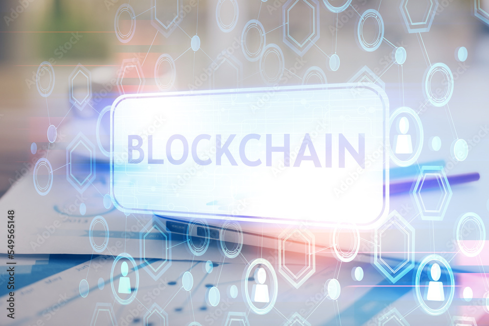 Poster Double exposure of blockchain and crypto economy theme hologram and table with computer background. Concept of bitcoin cryptocurrency.