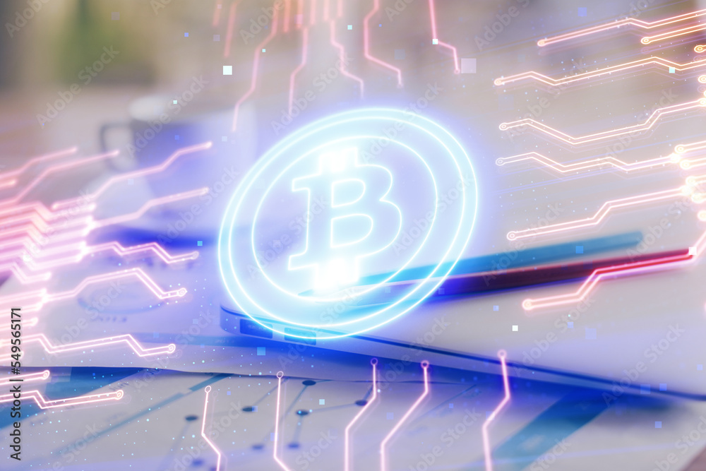 Poster Double exposure of blockchain and crypto economy theme hologram and table with computer background. Concept of bitcoin cryptocurrency.
