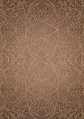 Hand-drawn unique abstract gold ornament on a light brown background, with vignette of darker background color and splatters of golden glitter. Paper texture. Digital artwork, A4. (pattern: p02-2d)