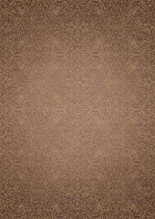 Hand-drawn unique abstract gold ornament on a light brown background, with vignette of darker background color and splatters of golden glitter. Paper texture. Digital artwork, A4. (pattern: p07-2e)