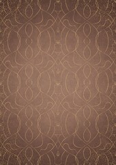 Hand-drawn unique abstract gold ornament on a light brown background, with vignette of darker background color and splatters of golden glitter. Paper texture. Digital artwork, A4. (pattern: p08-1e)