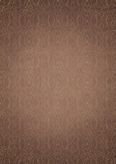 Hand-drawn unique abstract gold ornament on a light brown background, with vignette of darker background color and splatters of golden glitter. Paper texture. Digital artwork, A4. (pattern: p08-1f)