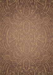 Hand-drawn unique abstract gold ornament on a light brown background, with vignette of darker background color and splatters of golden glitter. Paper texture. Digital artwork, A4. (pattern: p08-2d)