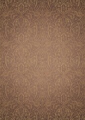 Hand-drawn unique abstract gold ornament on a light brown background, with vignette of darker background color and splatters of golden glitter. Paper texture. Digital artwork, A4. (pattern: p08-2e)