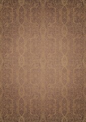 Hand-drawn unique abstract gold ornament on a light brown background, with vignette of darker background color and splatters of golden glitter. Paper texture. Digital artwork, A4. (pattern: p09e)