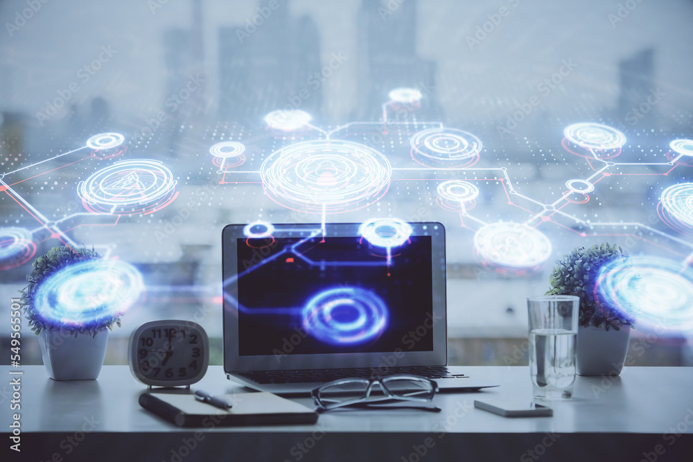 Poster computer on desktop with social network hologram. double exposure. concept of international people c