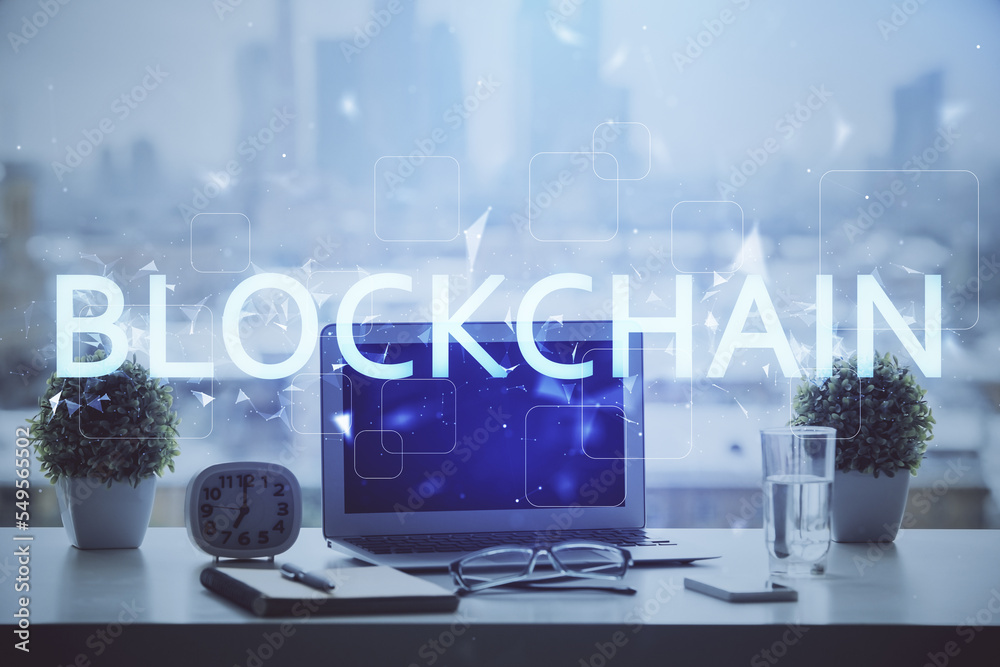 Aufkleber Double exposure of blockchain and crypto economy theme hologram and table with computer background. Concept of bitcoin cryptocurrency.