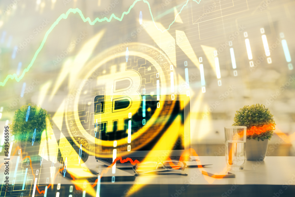 Aufkleber Double exposure of blockchain and crypto economy theme hologram and table with computer background. Concept of bitcoin cryptocurrency.