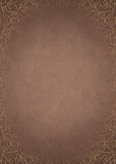 Light brown textured paper with vignette of darker color and golden hand-drawn pattern with splatters of golden glitter. Copy space. Digital artwork, A4. (pattern: p02-1e)