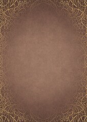 Light brown textured paper with vignette of darker color and golden hand-drawn pattern with splatters of golden glitter. Copy space. Digital artwork, A4. (pattern: p02-2d)